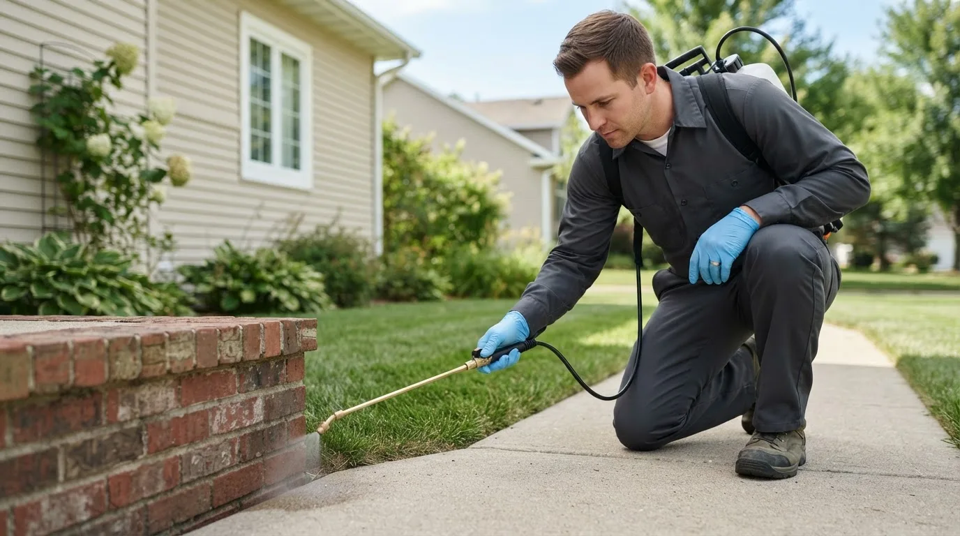 Pest control technician treating a home near Needmore, PA