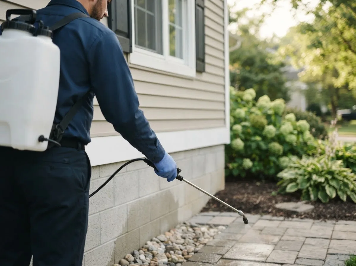 Pest control technician inspecting a home in Needmore, PA